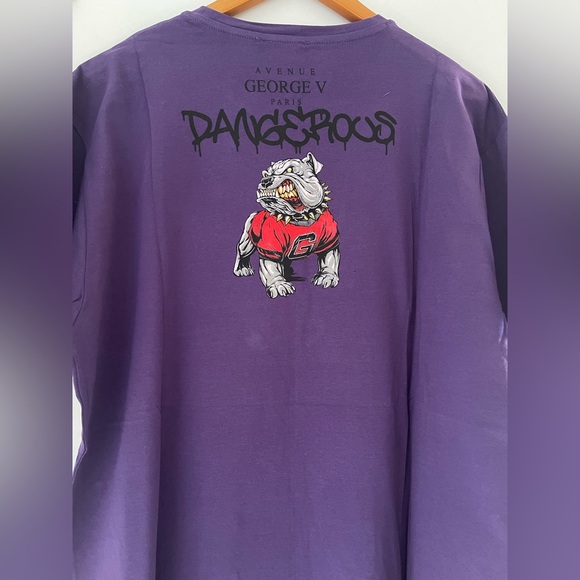 Avenue George V Paris Men's purple T-Shirt Crystal rhinestone bulldog fitted tee - Picture 3 of 8